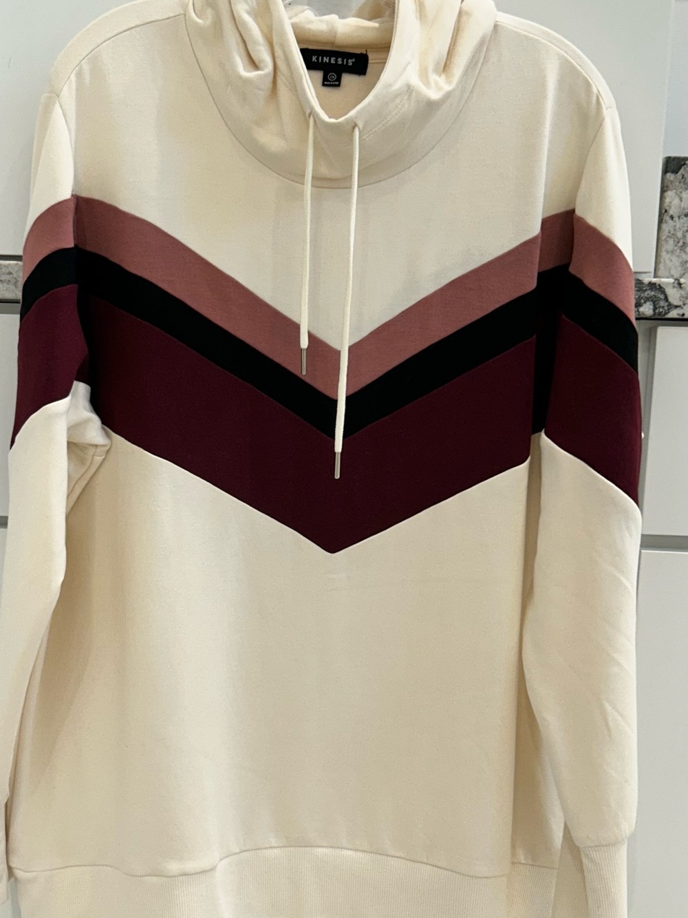 Kinesis Cream Chevron Pullover Hoodie with Burgundy Dusty Rose and Black Stripes